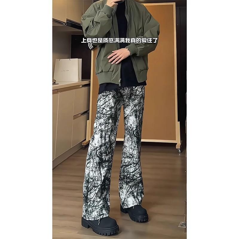 American retro ink tie-dye jeans design trendy brand slightly curved pants men's spring niche straight-leg pants