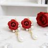 1Pairs Rose Flower Decorative Earrings Red Velvet Rose Pearl Stud Earrings  Wedding Jewelry
