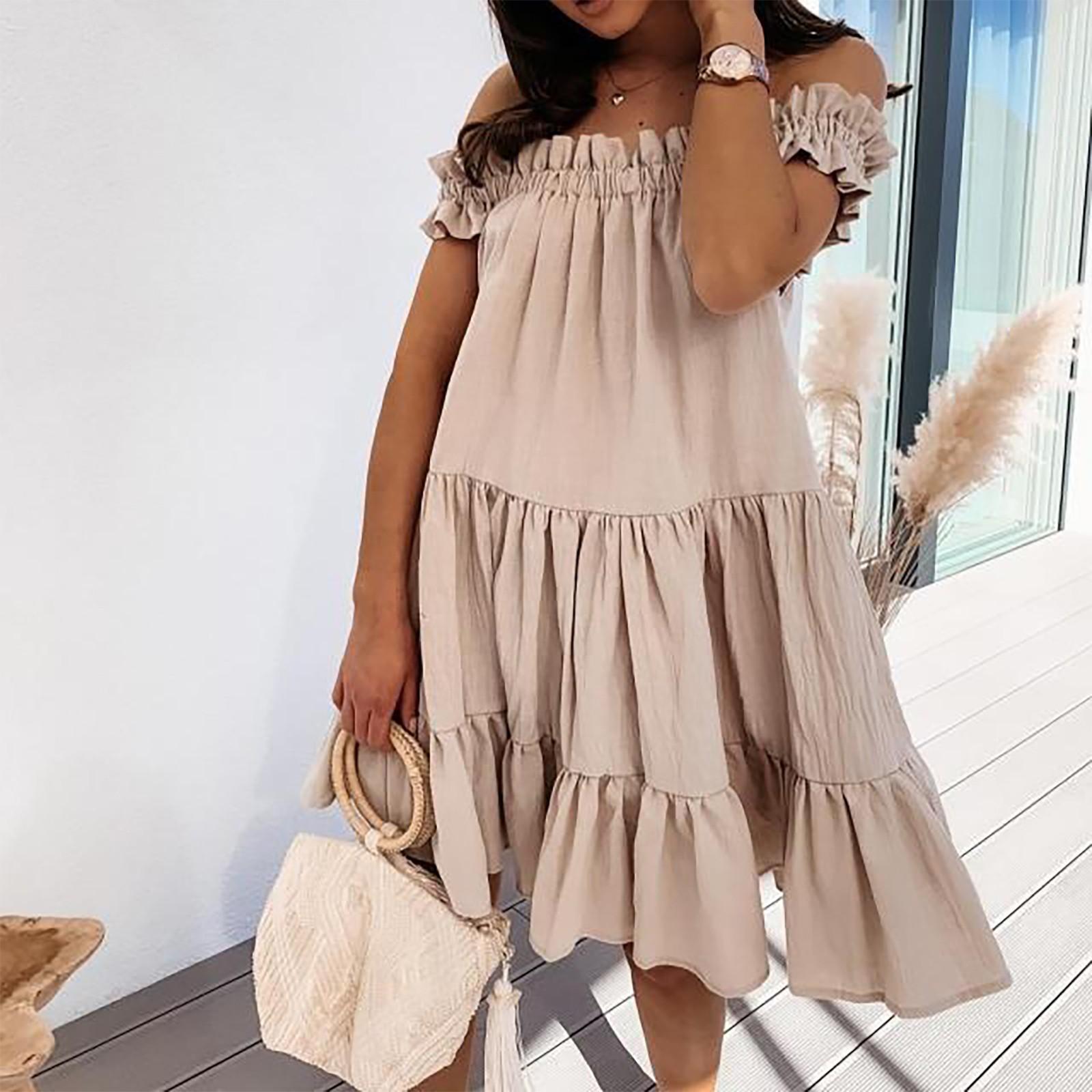 

Женское повседневное свободное платье принцессы с короткими рукавами и рюшами XXL хаки