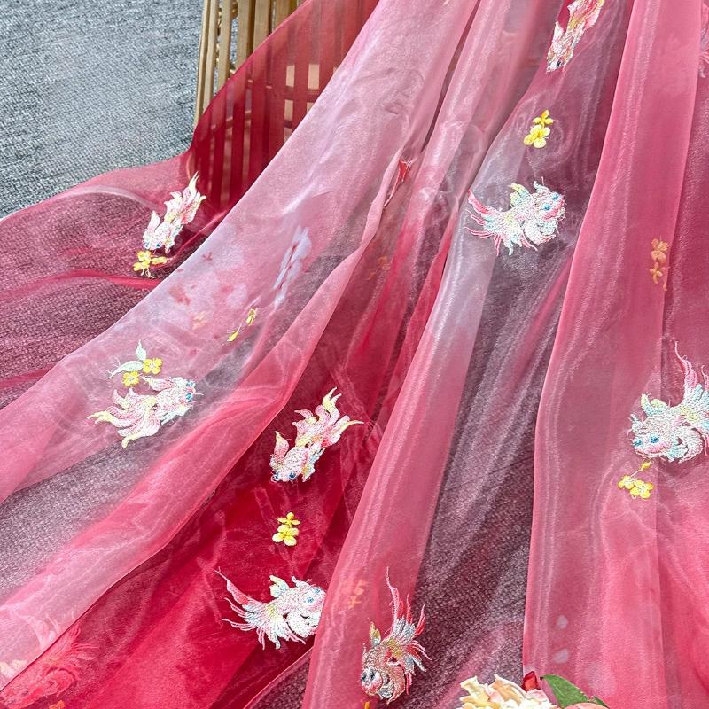Printing Silk Chiffon Fabric Koi Carp Embroidery Fabric Tulle Handmade DIY Chinese Ancient Hanfu Stage Dance Dress Wedding Decor