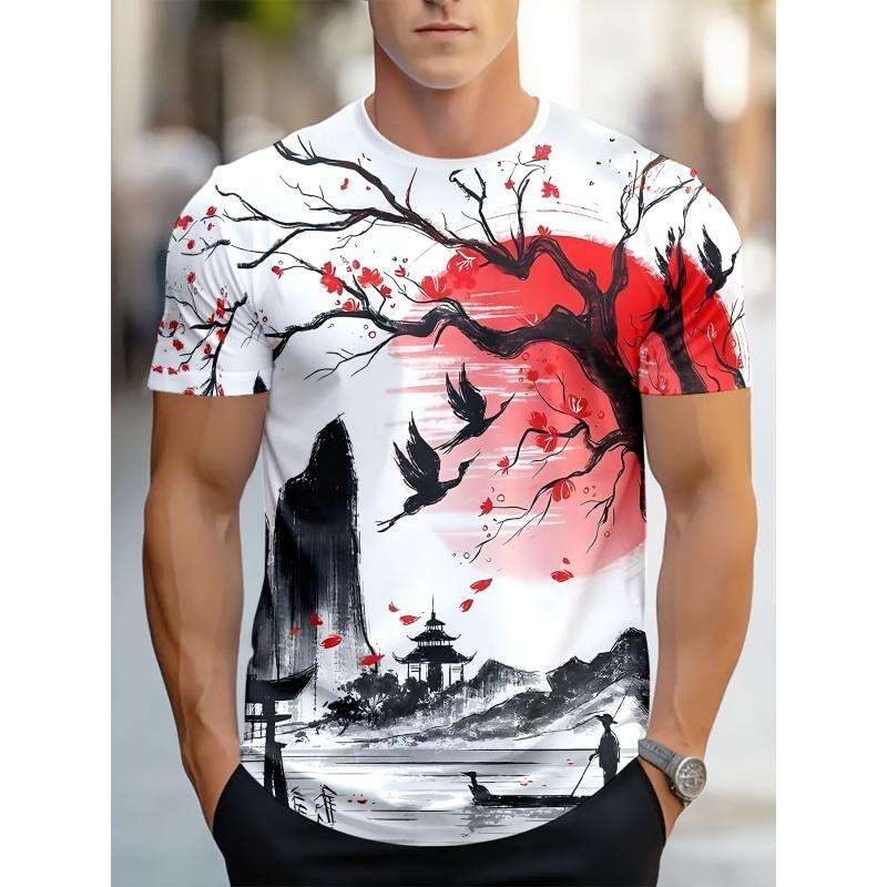 3D Printed Chinese Painting T Shirt For Men Landscape Flowers Pattern Short-Sleeved