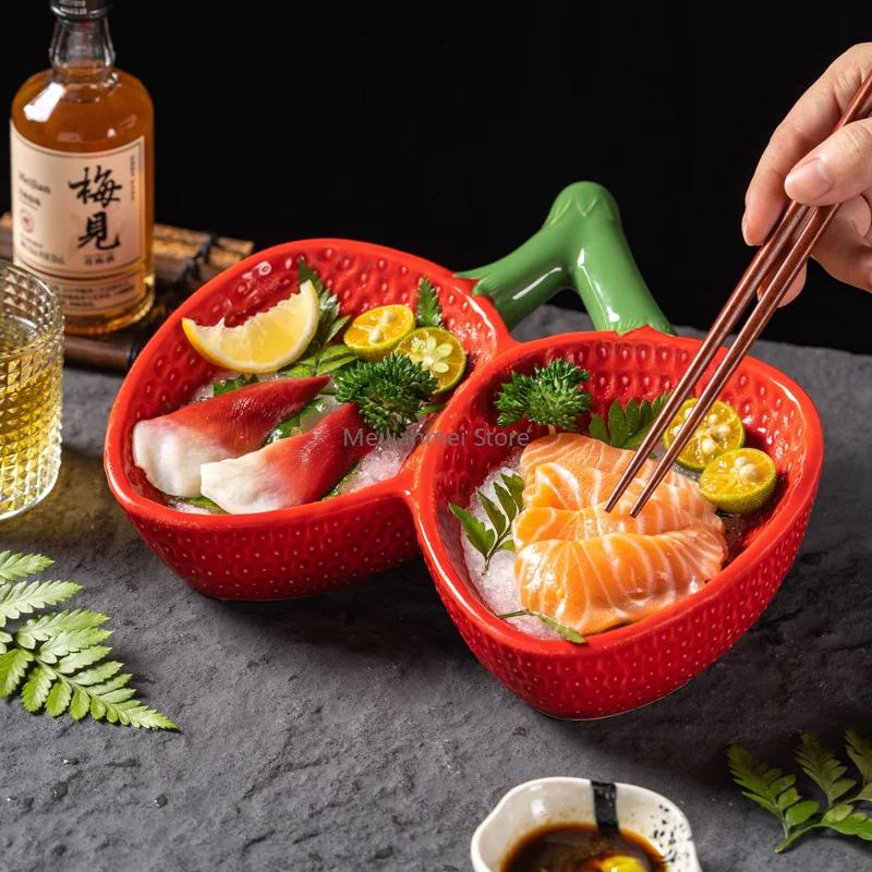 Japanese style ceramic tableware, sashimi plate, salad plate, two grid ceramic strawberry plate dinner set plates and dishes