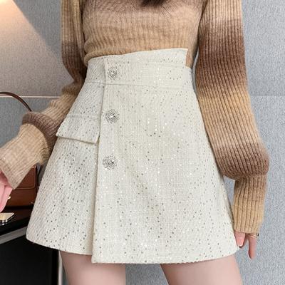 Tweed Shorts Uregelmessig høy midje for kvinner A-linje skjørt Culottes
