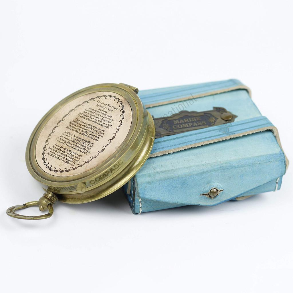 Nagina International, ''Robert Frost Poem'' Engraved Brass Compass with Embossed Needle & with Leather Case. C-3241 IQ-A51B-EARK