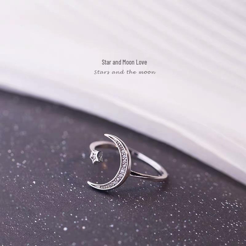 Beixi s925 Sterling Silver Star & Moon Open Ring for Women - Chic & Elegant Design for Daily Wear