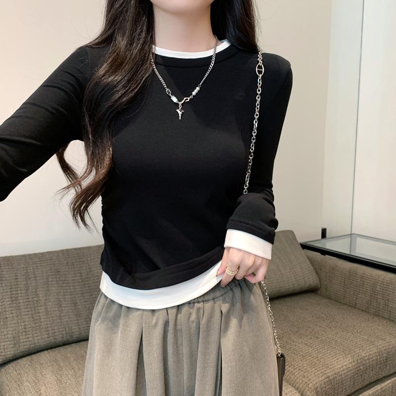 

Футболка с круглым вырезом, имитация двух частей, женская, с длинными рукавами, дизайн для начала осени, нишевый пуловер, топы, базовое белье для женщин XL