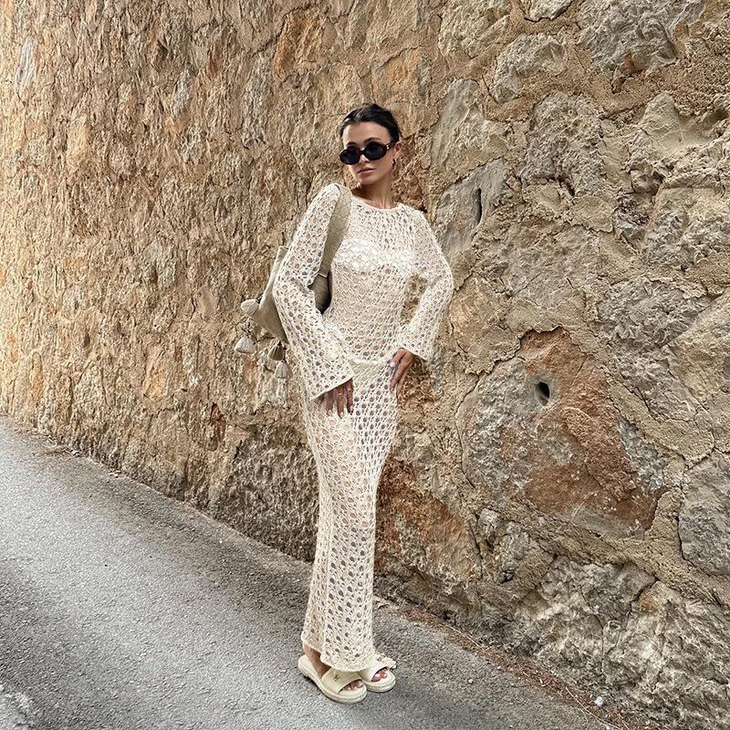 2024 Women's European & American Knitted Beach Dress: Hollow Out, Solid Color, Sexy Backless, Tie-Up, Long Sleeve Maxi Dress & Bikini Cover-Up
