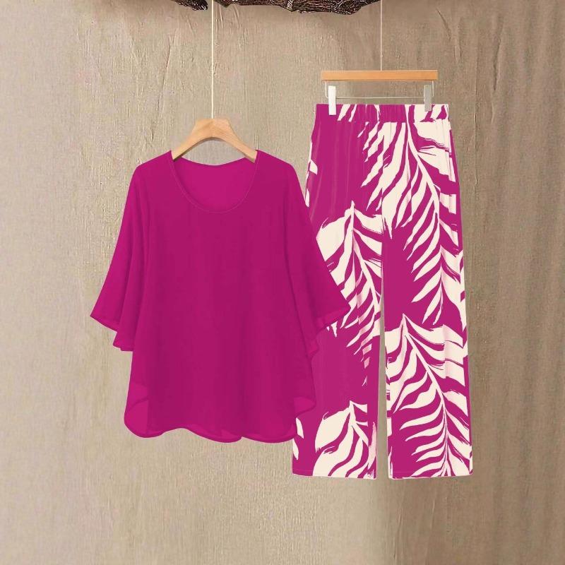 Damen Sommer Chiffon Kurzarm Zweiteiler Set in Übergröße – Elegantes Lockeres Oberteil und Hosen Outfit