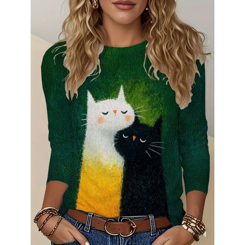 Artistic Landscape Painting Pattern, Slim Fit, Casual Round Neck, Long Sleeves, Everyday Creative Oil Painting Design Pattern.