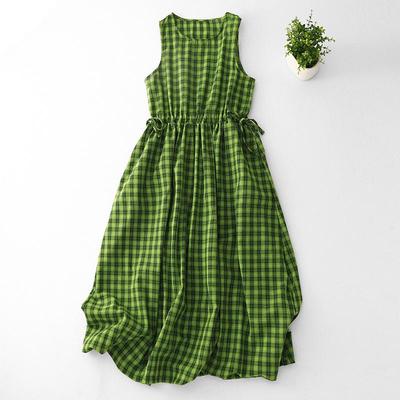 Green Plaid Cotton-Linen Sleeveless Drawstring Summer Dress