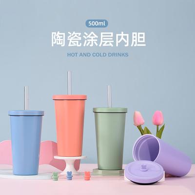 2025500ml Edelstahl-Strohhalmbecher Keramikbeschichteter Einsatz Bubble Tea Vakuum-Doppelwandiger Strohhalmbecher