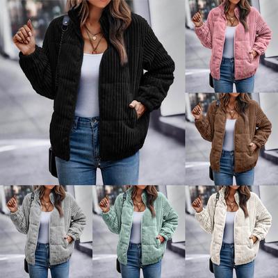 Ladies Solid Color Zipper Winter Clothes Temperament Corduroy Filled Cotton Jacket Casual Stand Collar Breadwear Coat Chaquetas