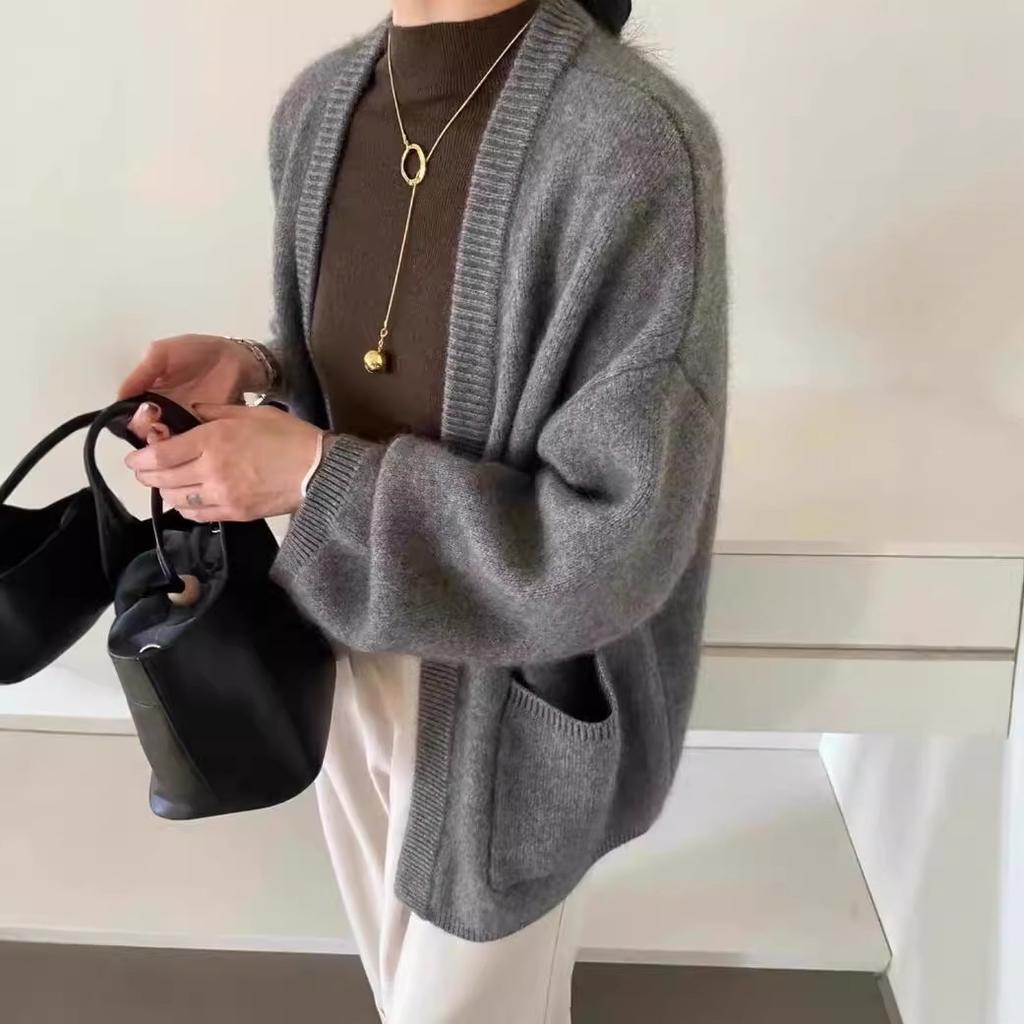 Solid Color V-neck Cardigan Women In The Long V-neck Thickened Autumn and Winter Lazy Soft Leisure Loose Warm Coat