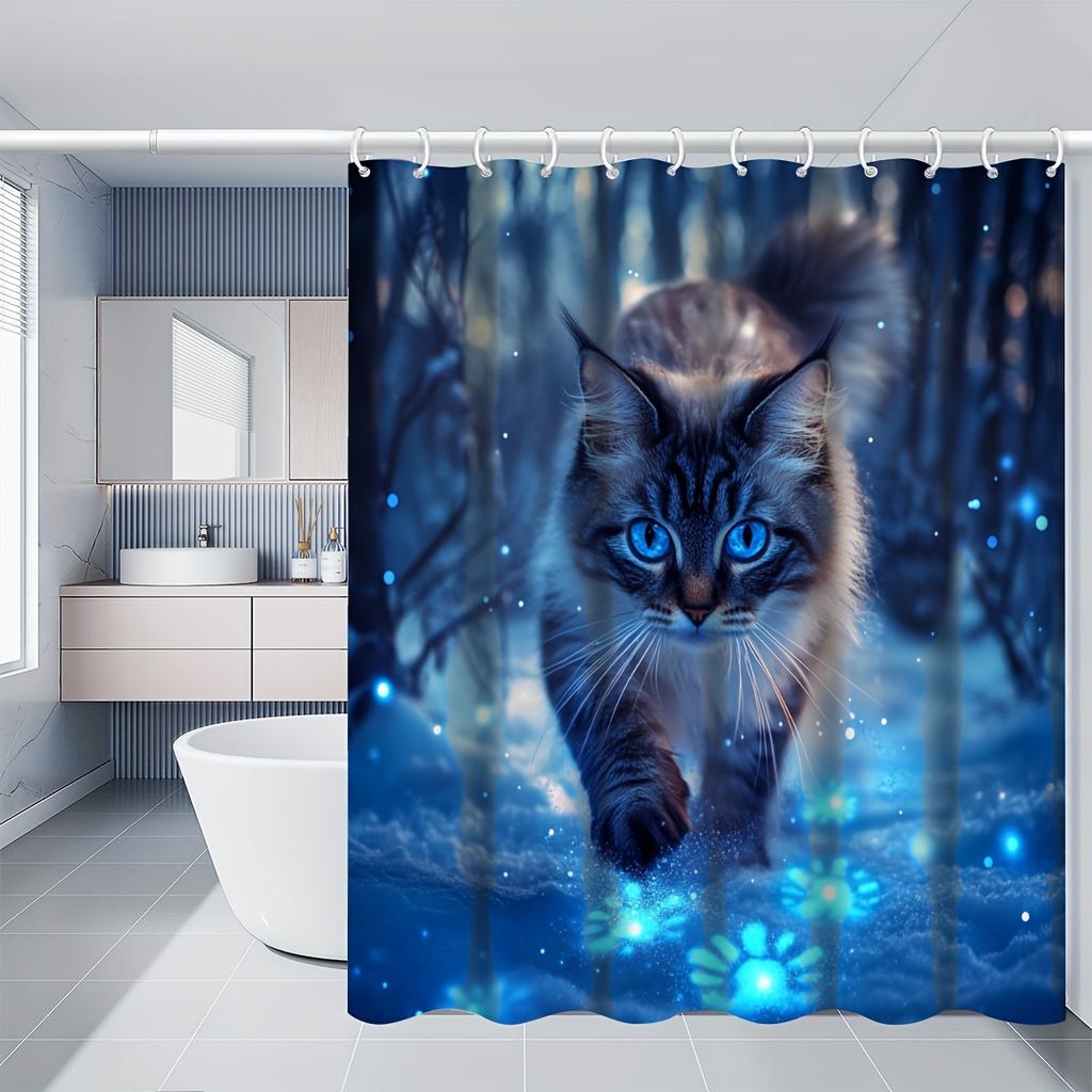 4Pcs Enchanted Cat Shower Curtain Set with Non-Slip Bath Mat, Toilet Lid Cover, Contour Rug & 12 Hooks, Bathroom Decor