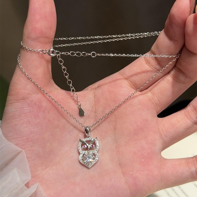 Cute Owl Pendant Necklace for Women, S925 Silver Moissanite Zircon Animal Charm Necklace, Fashion Silver Jewelry Gift