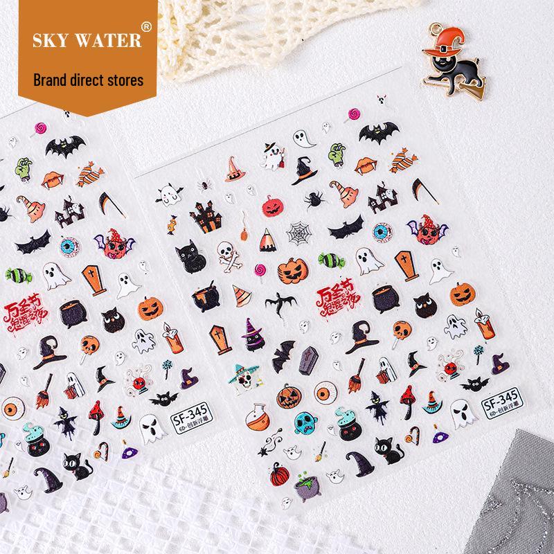 6D Embossed Halloween Pumpkin & Ghost Nail Stickers - Cartoon Funny Skull Design