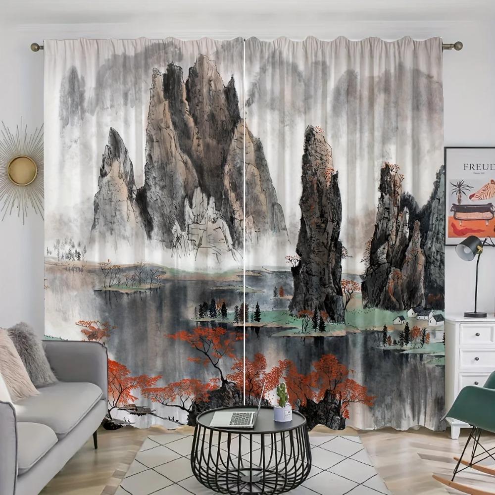 2ks Chinese Mountain lnk Painting Print Curtain, Digital Printing Curves for Living Room Ložnice Kuchyň Studovna, Domácí dekorace
