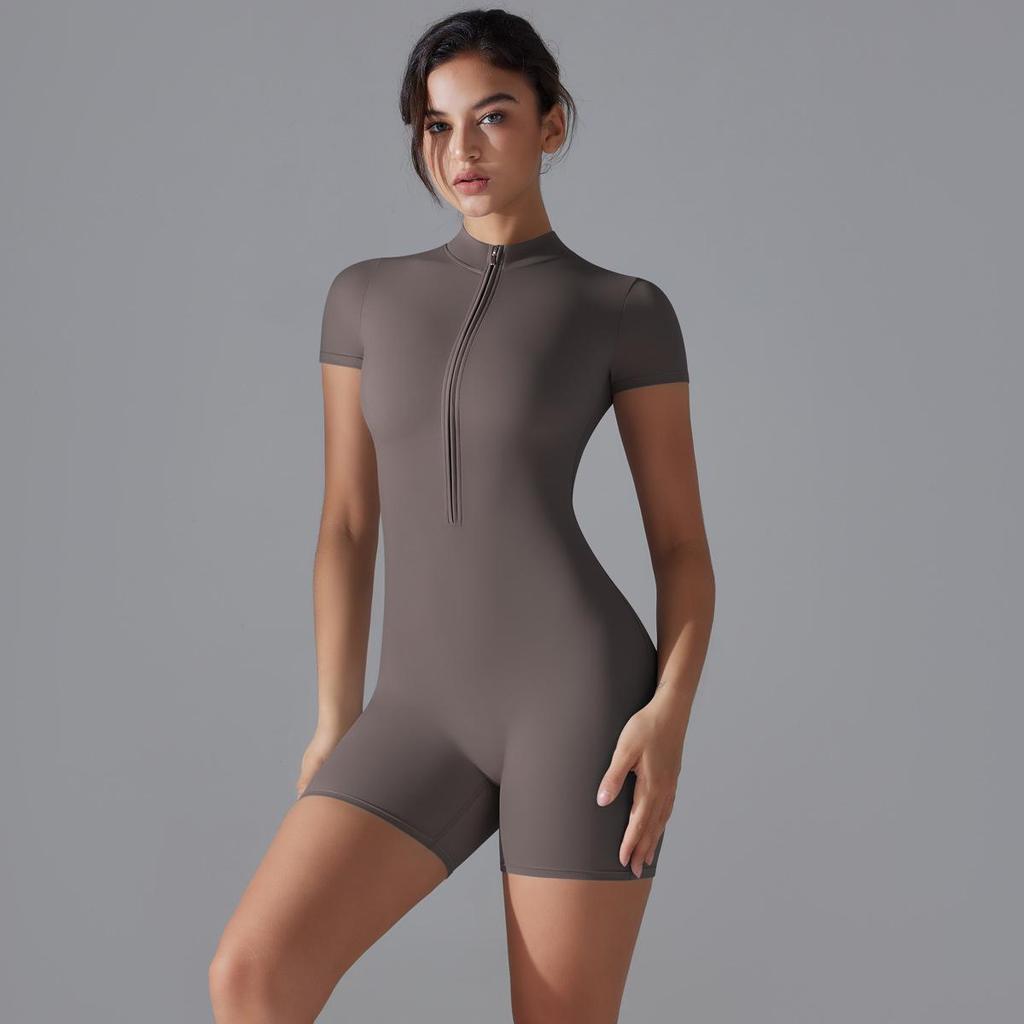 Nude Feel Stand-Up Collar One-Piece Yoga Bodysuit with Half-Zip & Short Sleeves
