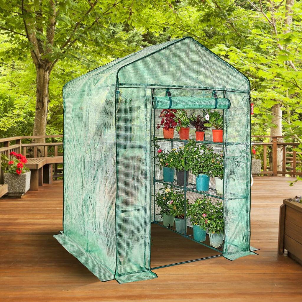 Walk-in Green House, 4.6 X 4.6 X 6.6 Ft Greenhouse with Shelves, Set Up In Minutes, High Strength PE Cover with Doors & Windows and Steel Frame,