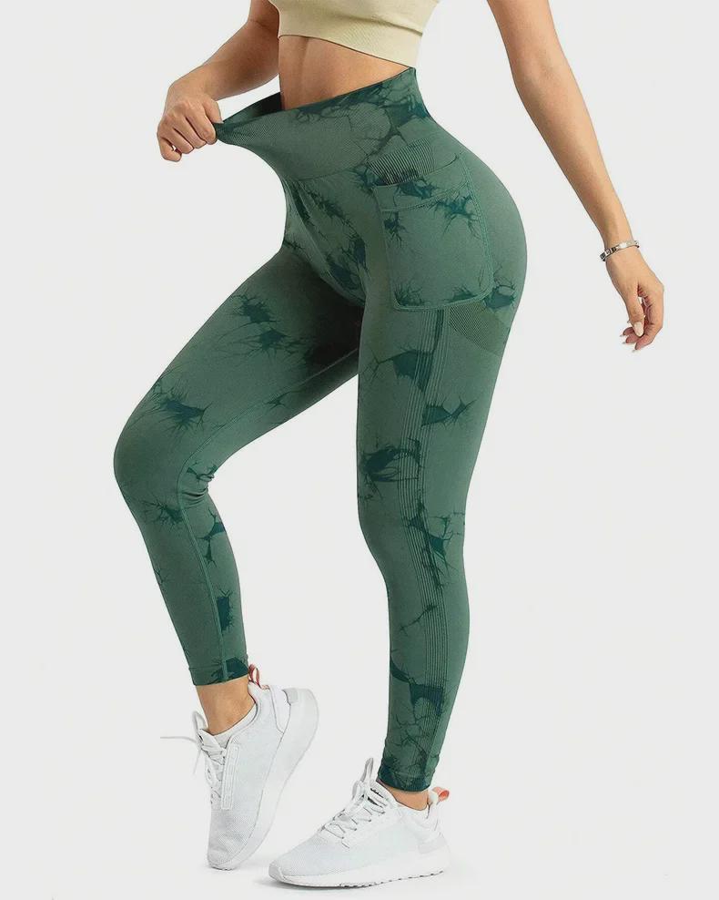 Damskie spodnie do jogi tie-dye z kieszeniami bocznymi – unoszące biodra sportowe ubrania