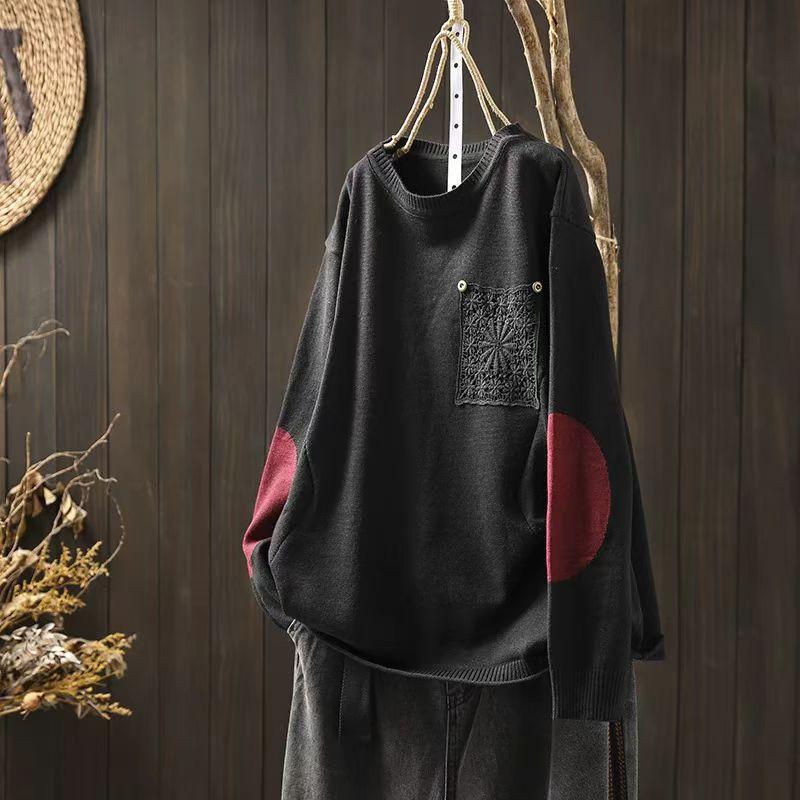 

Johnature Niche кружевные нашивки O-образный вырез свободный повседневный свитер женский зимний модный китайский стиль длинный рукав свитер One Size чёрный