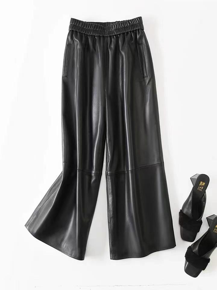 

Women s Genuine Sheepskin Leather Wide-Leg Cropped Pants - Slimming, Fashionable & Casual M
