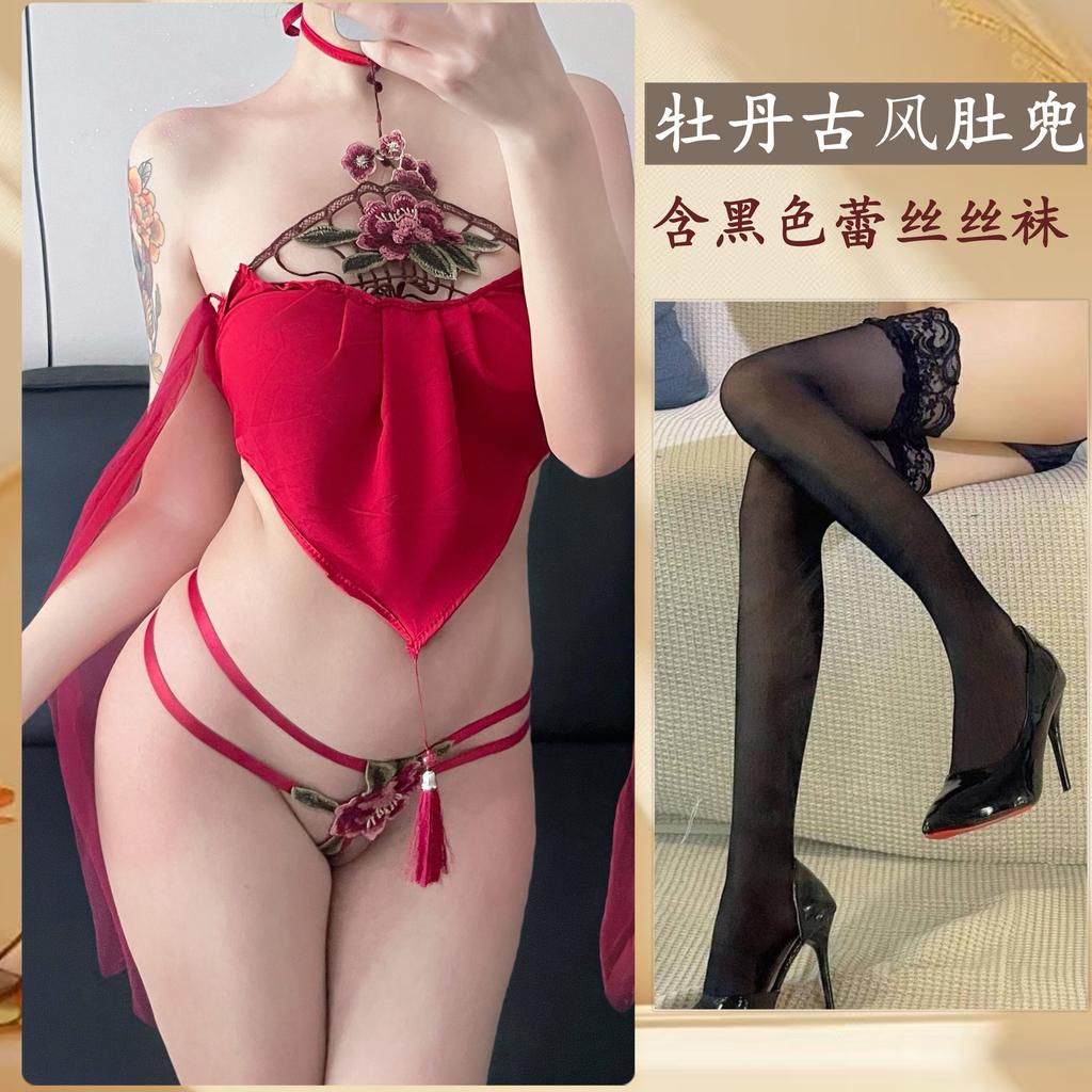 Fun Underwear Sexy Antique Peony Embroidery Neck Belly Pocket Strap Bandage Hollow Uniform Set