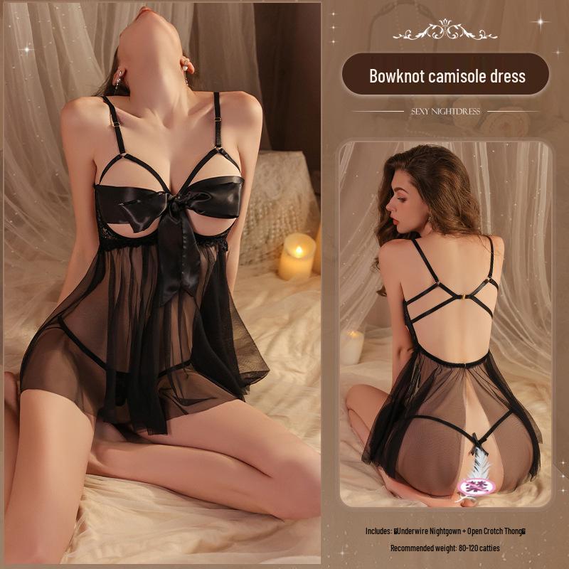 Man Yan Sexy Hollow-Out Bow Suspender Nightgown Sleepwear with Bust Support