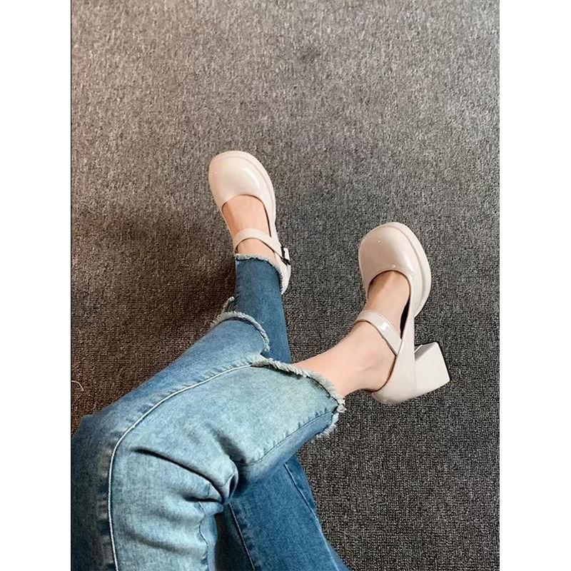 Spring and Summer Black Light Mouth Women's Single Shoes with One-word Buckle Mary Jane Shoes Trendy New Thick Heel Temperament High Heels