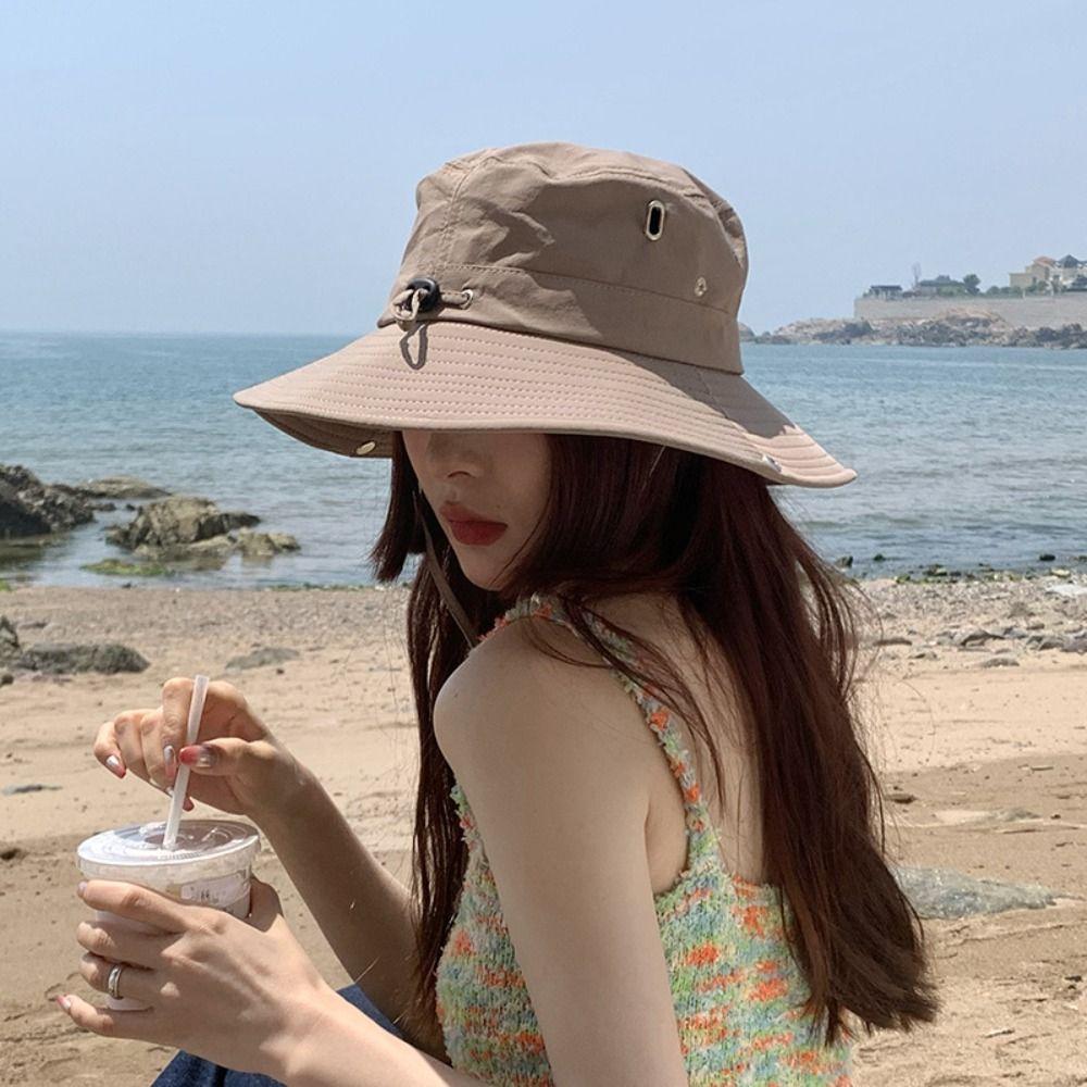 Japanese Drawstring Fishmen Hat Solid Color Quick Dry Bucket Hat Fashion Wide Brim Sun Hat  Hiking