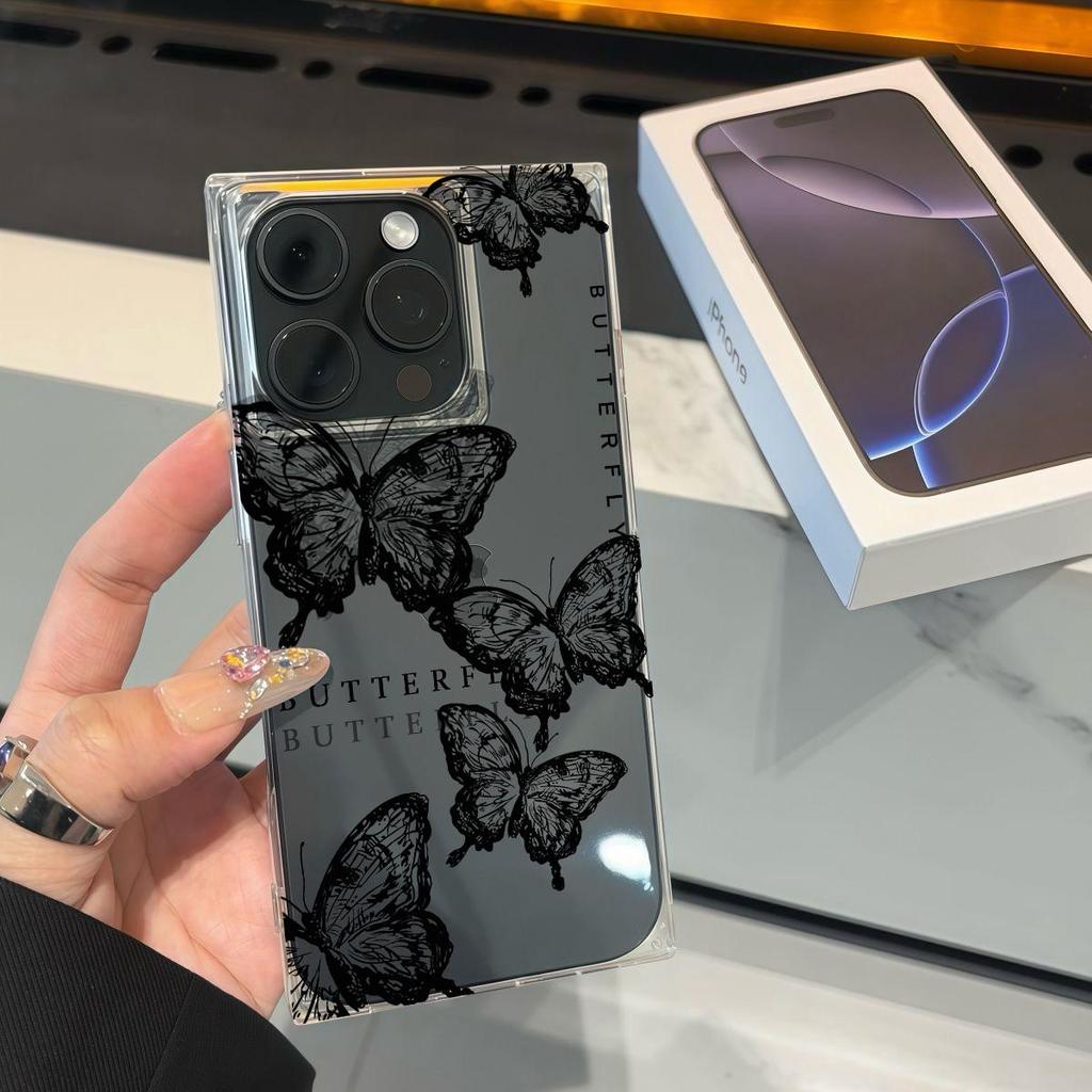 Průhledný čtvercový zadní kryt s trubicovým rámečkem Ochrana pro iPhone 11 14 Pro Max 13 15 Plus 16 ProMax 12 Proti oxidaci, Vydlabaný vzor motýla