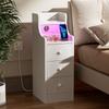 Wood Bedside Table 3 Drawers Adjustable Brightness With Charging Station 2AC/2USB Space Saving Side Cabinet Desk Nightstands