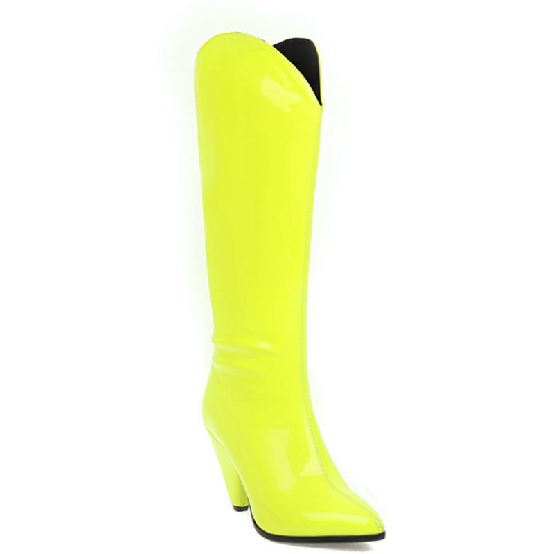 Fashion Women's High Boots Winter Shoes Point Western Cowboy Knee High Boot Pink Yellow Black Long Fetish Shoes Lady Large Size