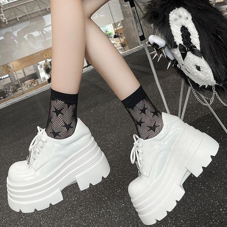 

Супер высокий каблук платформа маффин туфли белые одинарные туфли женские маленькие увеличивающие рост лоферы британские шнуровка маленькие кожаные туфли 35 чёрный