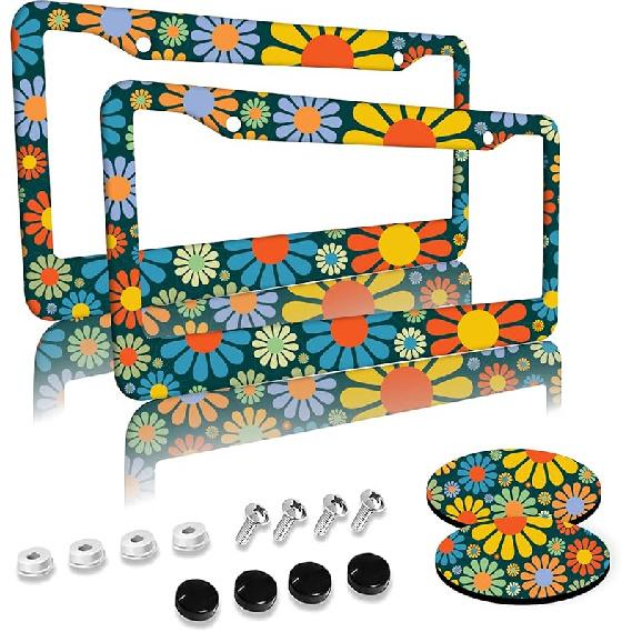 Red Rose Flower License Plate Frames 2 Pack 2 Holes Aluminum License Plate Cover With 2 Pcs Car Coasters And Screw And Black Screw Caps For Girl