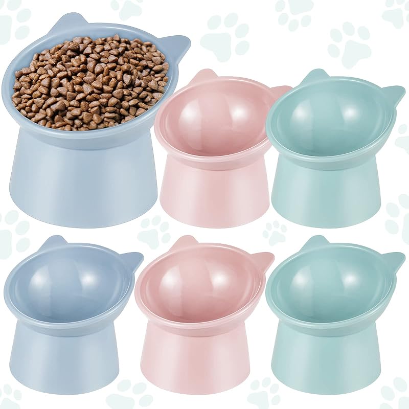 Hsei 6 Pcs Raised Cat Food Bowls 15 Degrees Elevated Pet Bowls Anti Vomiting Tilted Raised Whisker Friendly Raised Cat Dish Plastic Slanted Stand for Bright Color