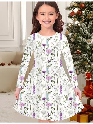 Girls' Autumn and Winter Fashion Dress, 3D Flower Print  Round Neck Long Children's T-shirt Dress, Casual Versatile, Christmas Clothing