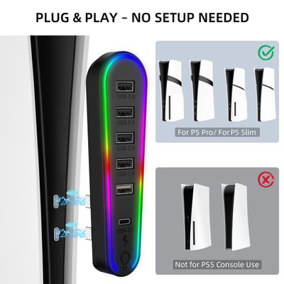 6-Port USB-Hub mit RGB-Licht Plug-and-Play Datenübertragung Benutzerfreundlicher USB-Erweiterungshub für PS 5 Pro/für PS5 Slim