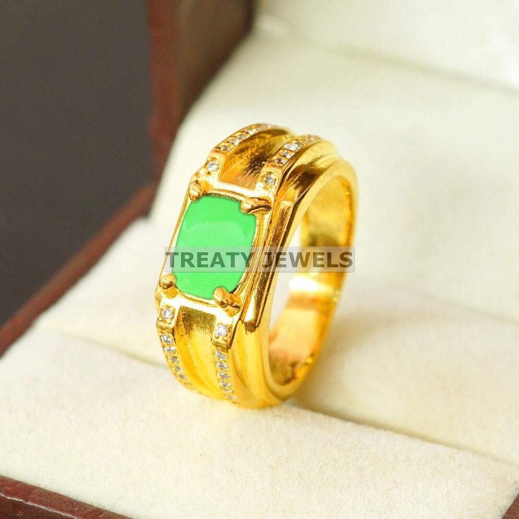 Jade Oval Cut With 925 Sterling Silver Gold Plated Ring For Men's #B142 JL375671581079