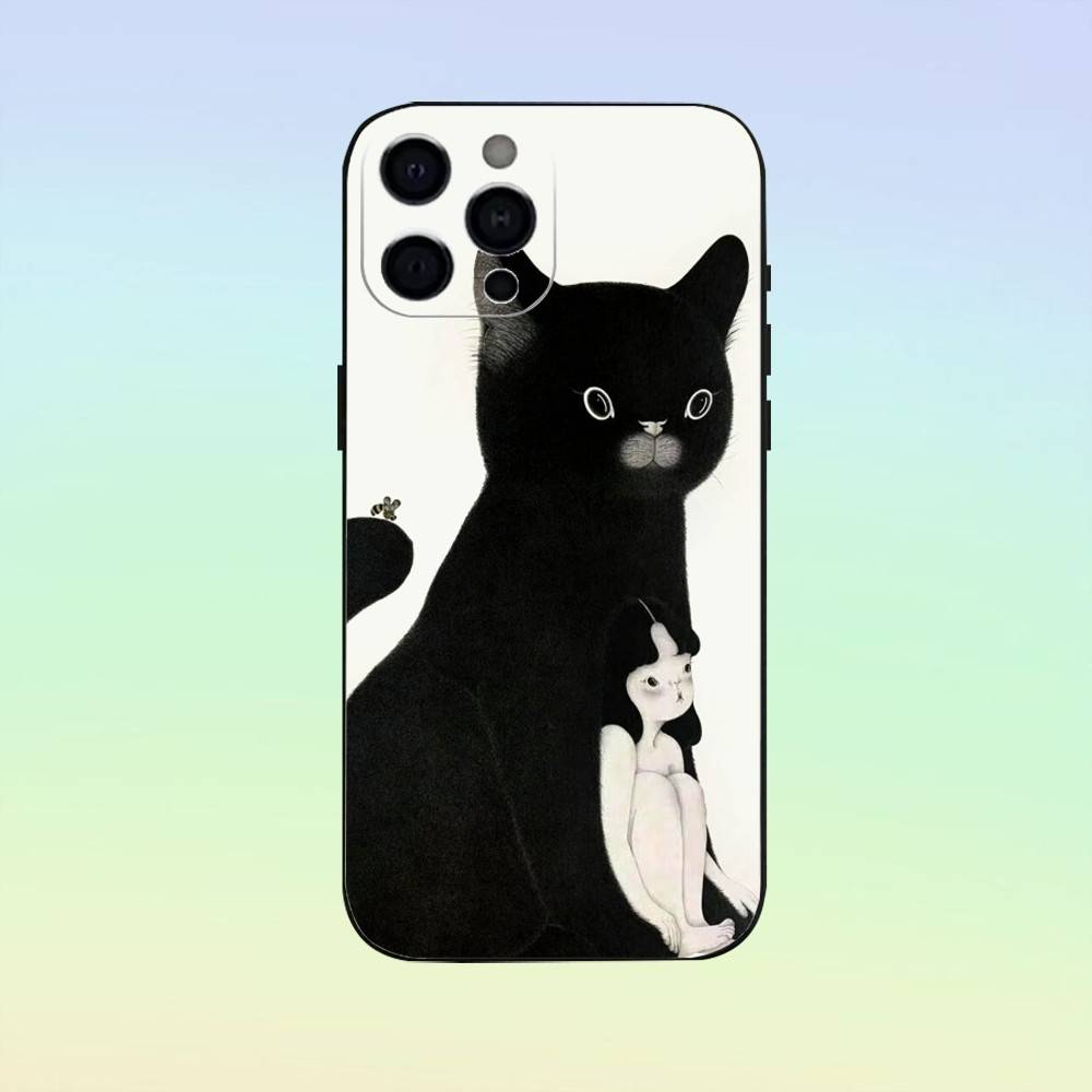 Cute Cat by Artist Park Sung-O Phone Case For iPhone 17,16,15,14,13,12,11 ,Soft Silicone Black Cover