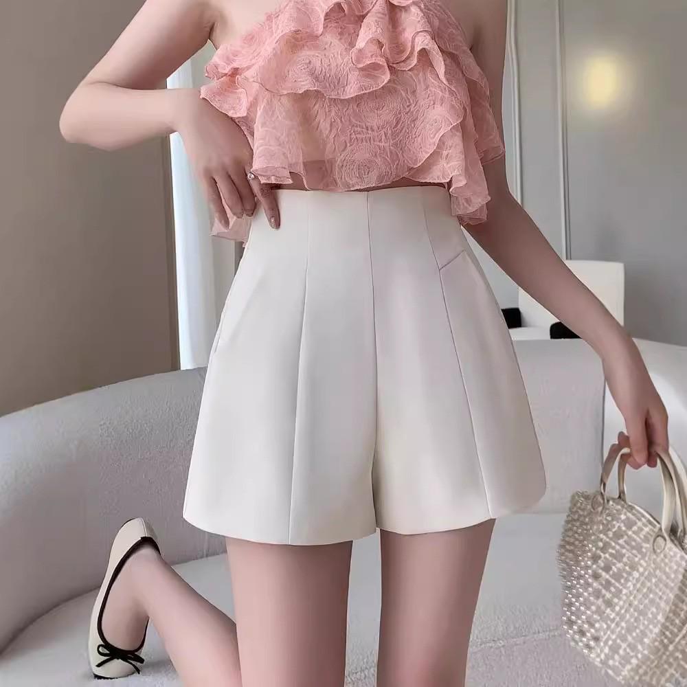 Women's Slimming A-Line Black Shorts - Summer Design, Wide-Leg, Casual, with Back Zipper for Outdoor Wear