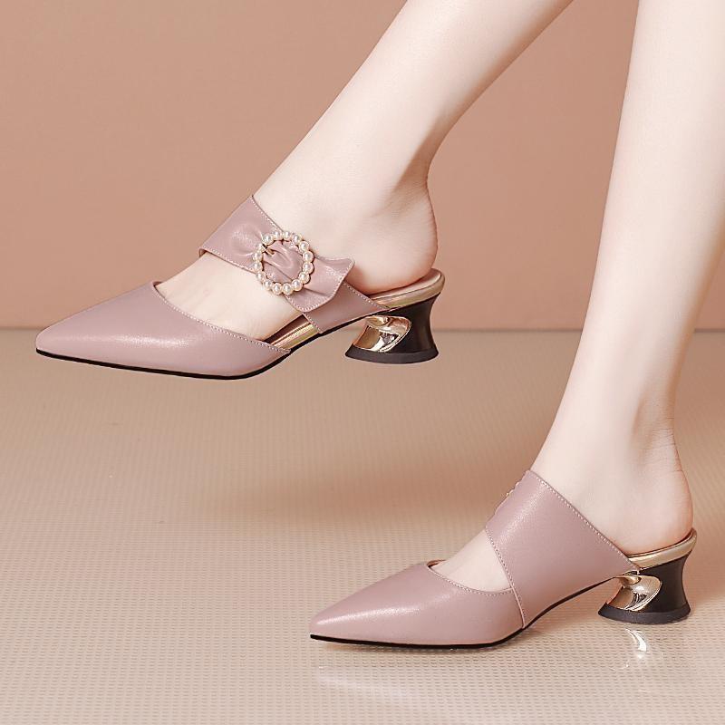 Special-shaped Heel Baotou Slippers Summer New Pointed Toe Shallow Mouth Pearl Buckle One-band Non-slip High Heels