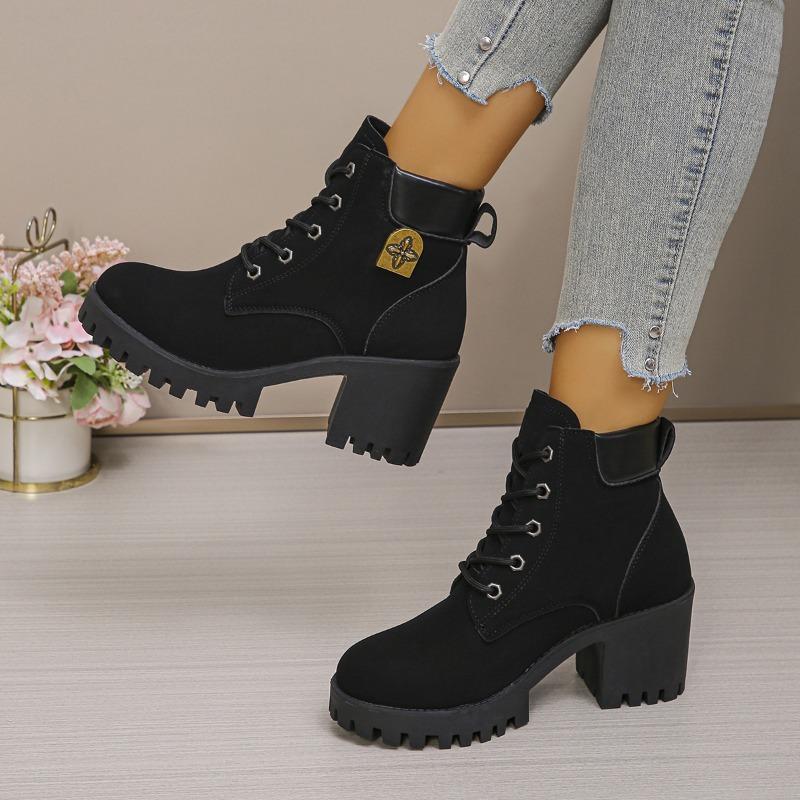 Foreign Trade Large Size Thick Heel British Style Color Matching Martin Boots Women's New Thick-soled Waterproof Table Lace-up Leather Boots
