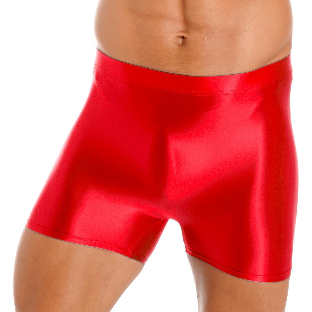 Men Glossy Mid Waist Shorts Elastic Waistband Short Leggings for Yoga Swimwear Sportswear Sleepwear