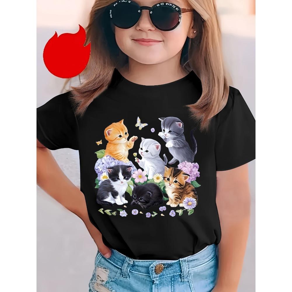 Girls' Cartoon Cat Printed T-Shirt Summer Elementary Girl Clothes Short Sleeve Children Top Kawaii T-Shirts Girl Tops