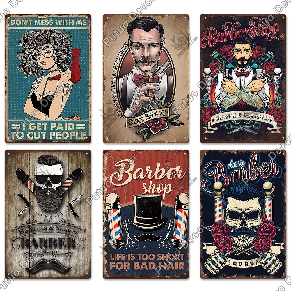 Decor Barber Tin Sign Plaque Metal Plate Vintage Retro Barber Shop Wall Art Posters Iron Painting for Room House Stickers