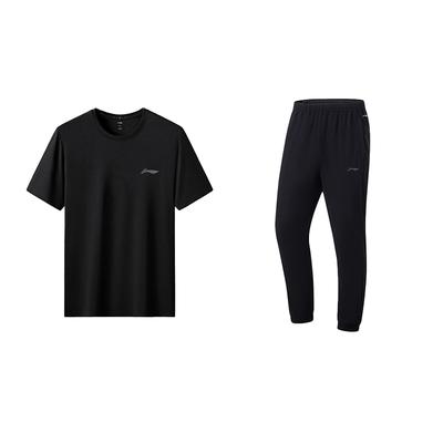 Li Ning Loose Fit Round Neck Cool Feeling Short Sleeve Solid Quick Dry Elastic Long Pants Casual Sports Suit Unisex Suit Black ATSU819-1+AYKU835-1