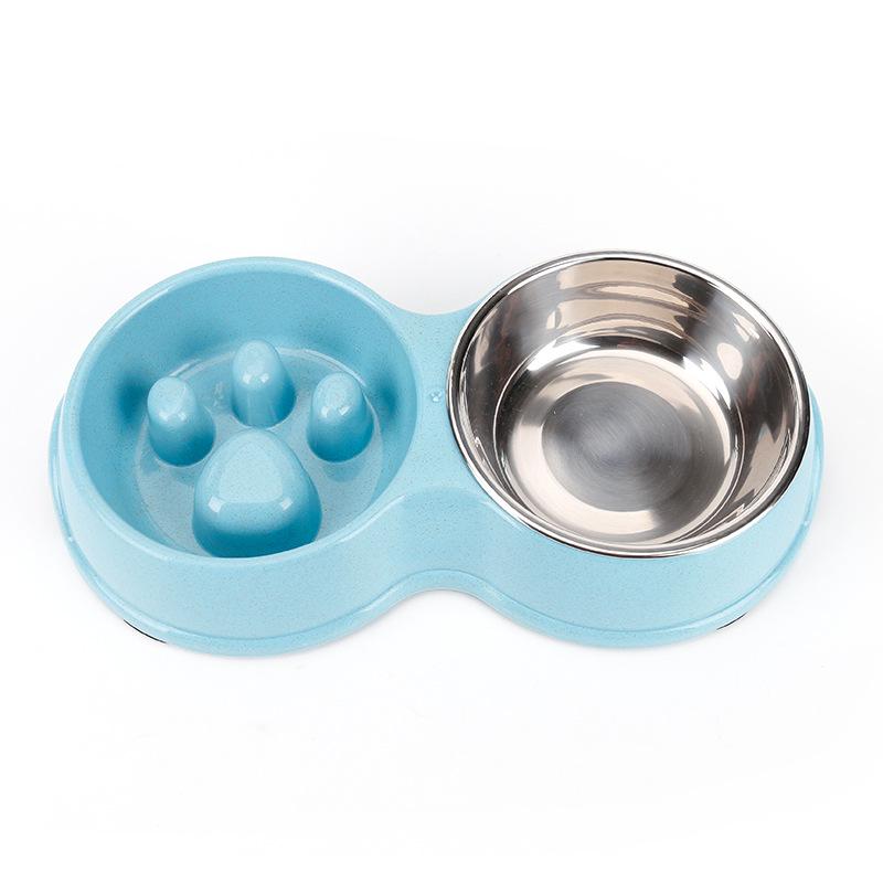 Wheat Straw Stainless Steel Double Pet Bowl - Anti-Choke Slow Feeder for Dogs and Cats
