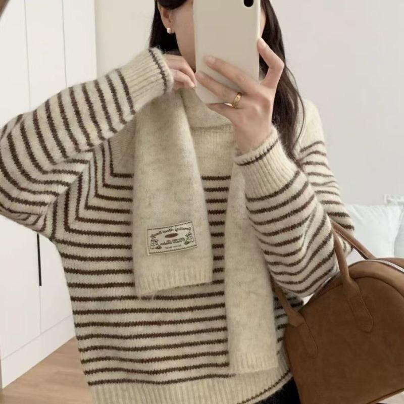 

Gentle wind round neck color matching striped pullover sweater women s autumn and winter new loose and versatile knitted sweater free scarf average size