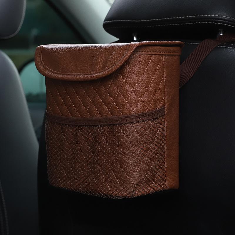 Universal Interior Trash Can Waterproof Trash Bin Multifunction Seat Back Garbage Auto Organizer W/ 4 Free Hook Car